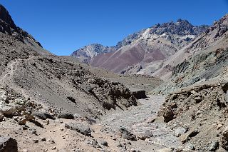 08 The Trail Goes Above The Horcones River With Cerro Tolosa And Cerro Mexico Down The Valley On The Descent From Plaza de Mulas To Confluencia